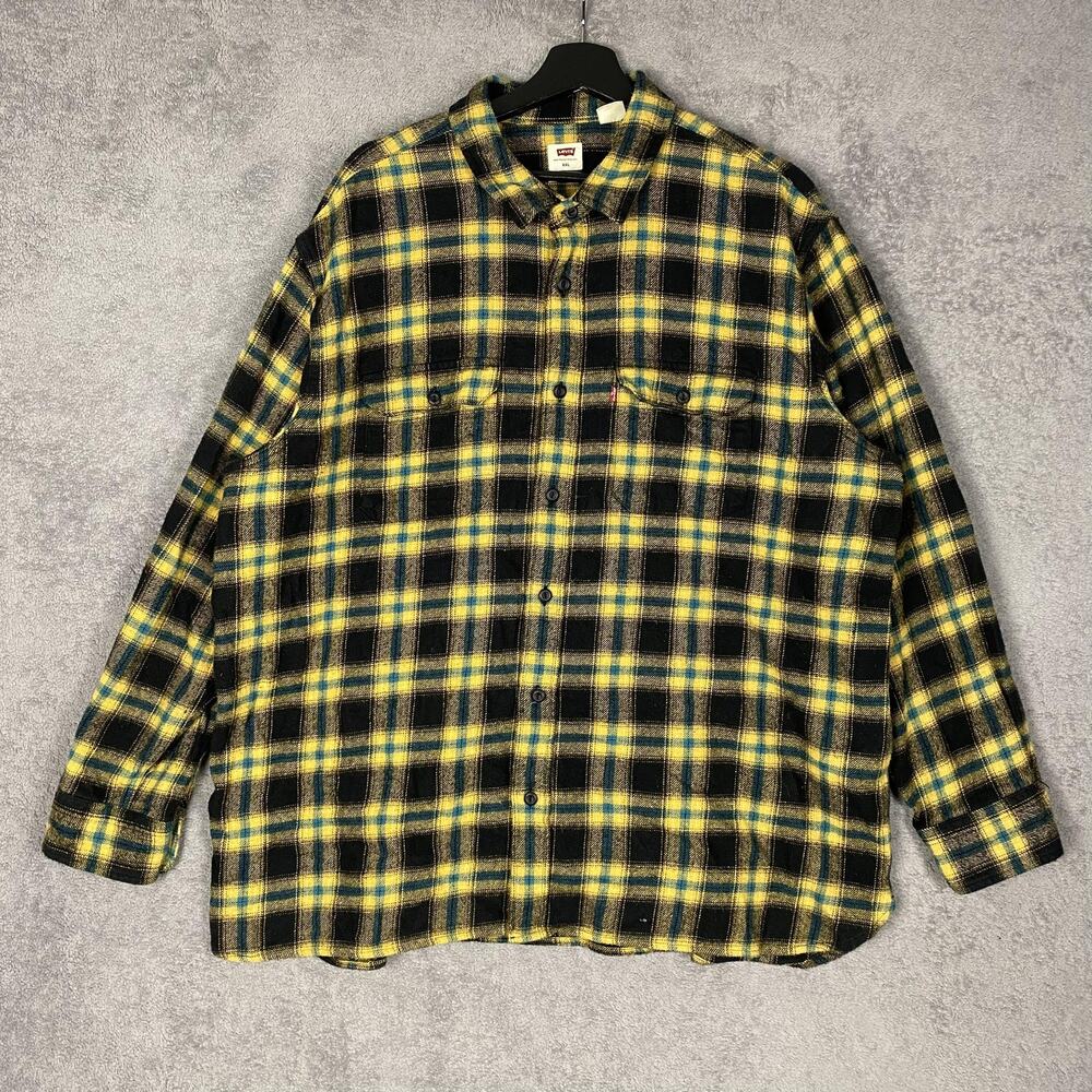 Levis Shirt Mens 2XL Yellow Black Plaid Flannel Button Front Relaxed Fit Casual